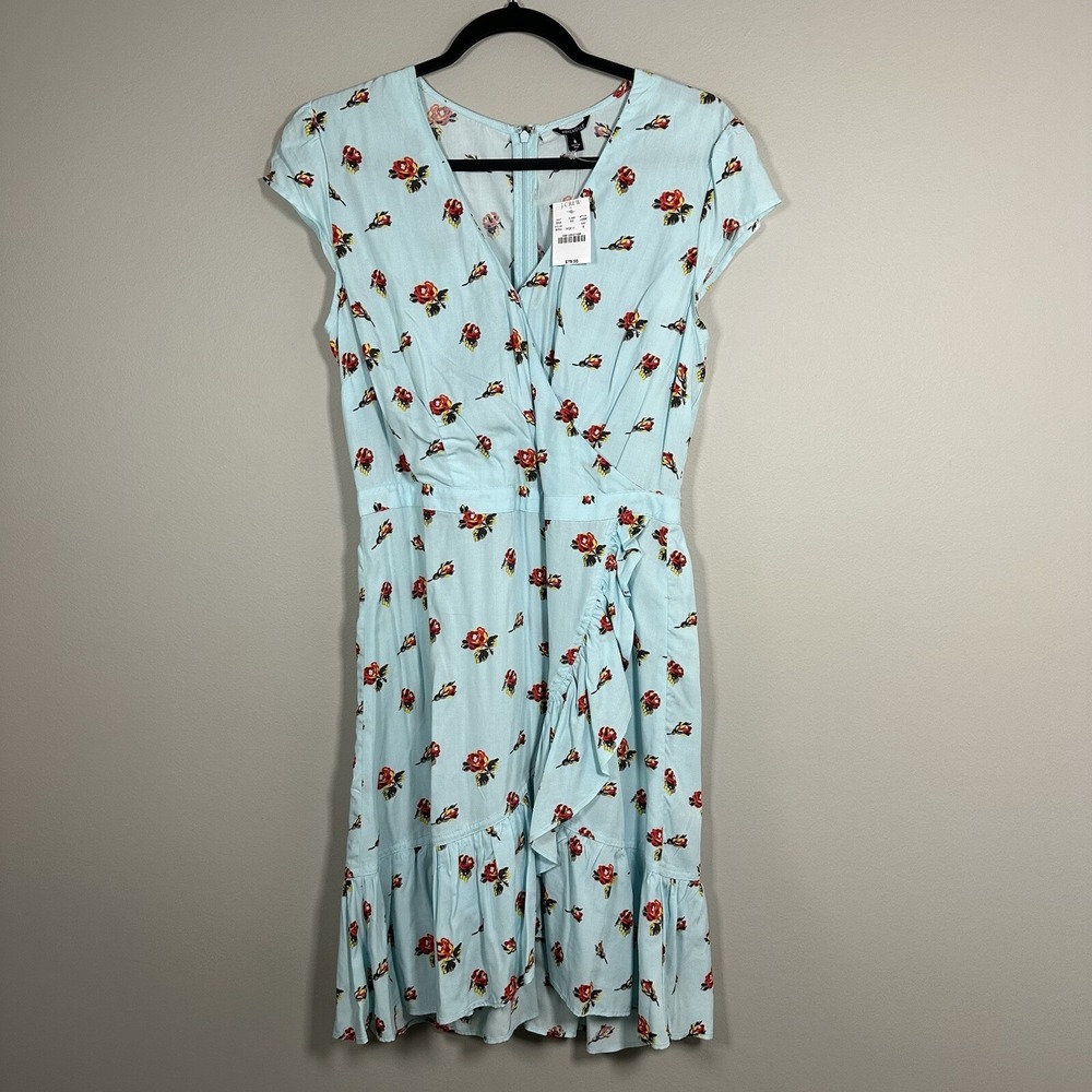 NWT J.Crew Mercantile Size 8 Dress Blue Short Sleeve Floral Rose FauxWrap Ruffle
